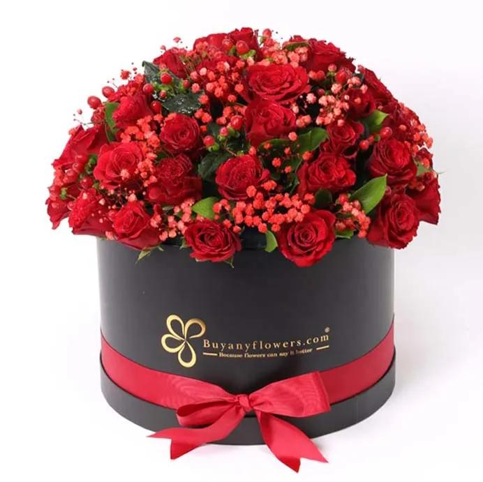 51 Red Roses Round Black Box Deluxe
