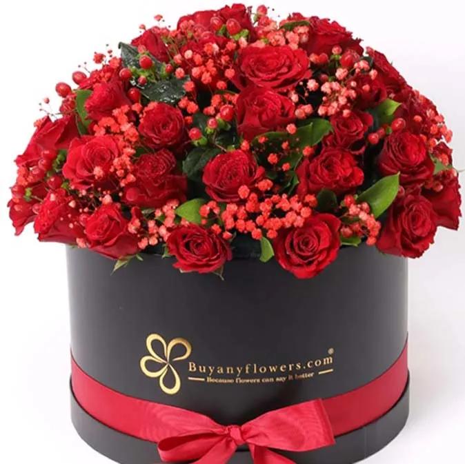 51 Red Roses Round Black Box Deluxe