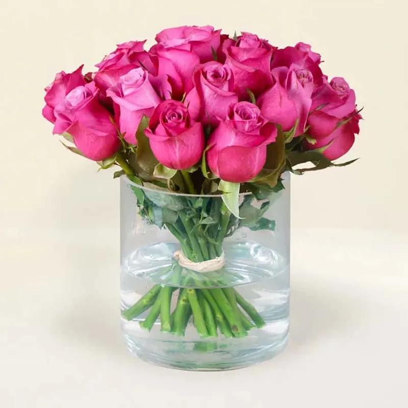 Dark Pink Roses in Glass Vase