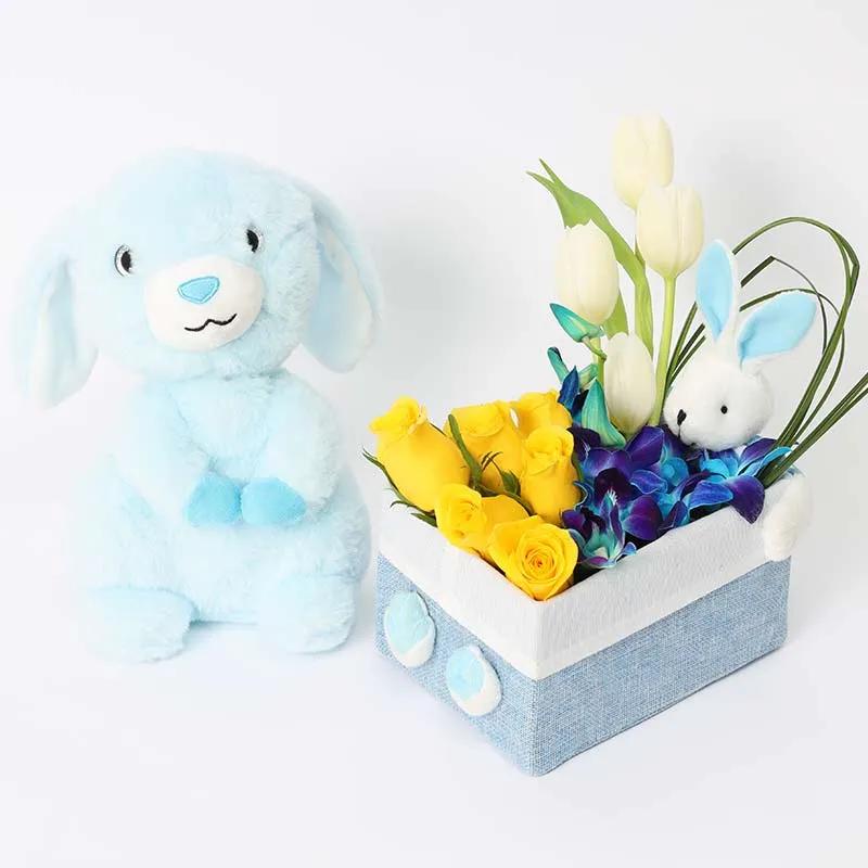 Floral Bunny Box and Bunny Soft Toy Blue