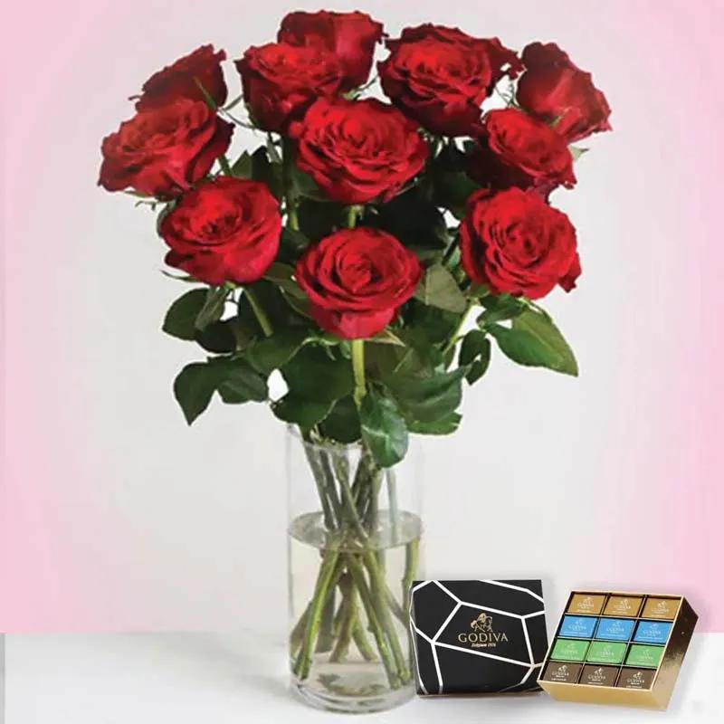 Fondest Affection of Red Roses and Godiva Chocolates