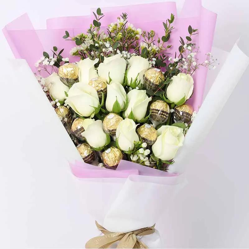 Love 11 White Roses and Ferrero Bouquet