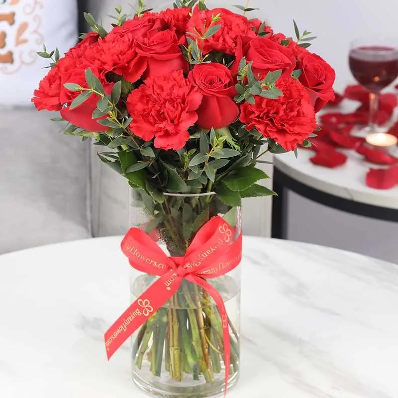 Love 21 Red Roses and Carnations in Vase