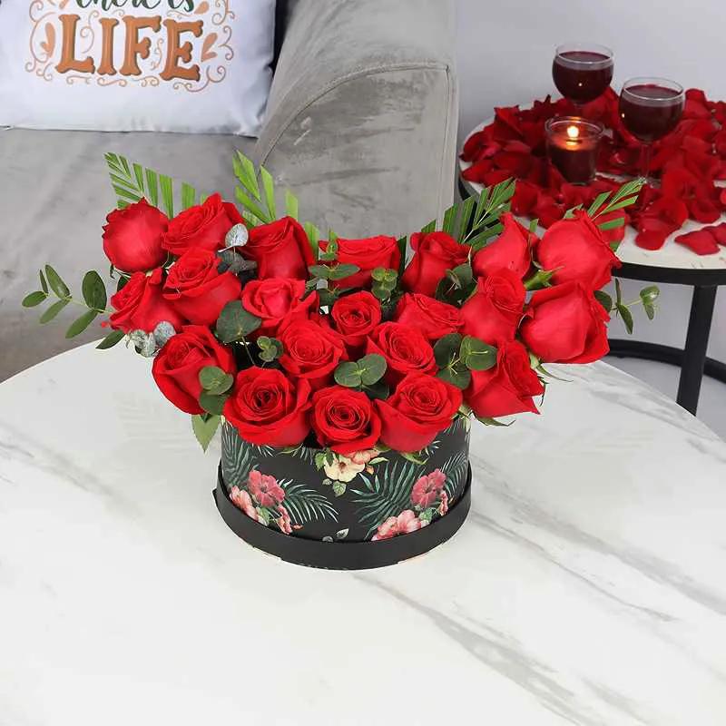 Love 21 Red Roses in Floral Print Box