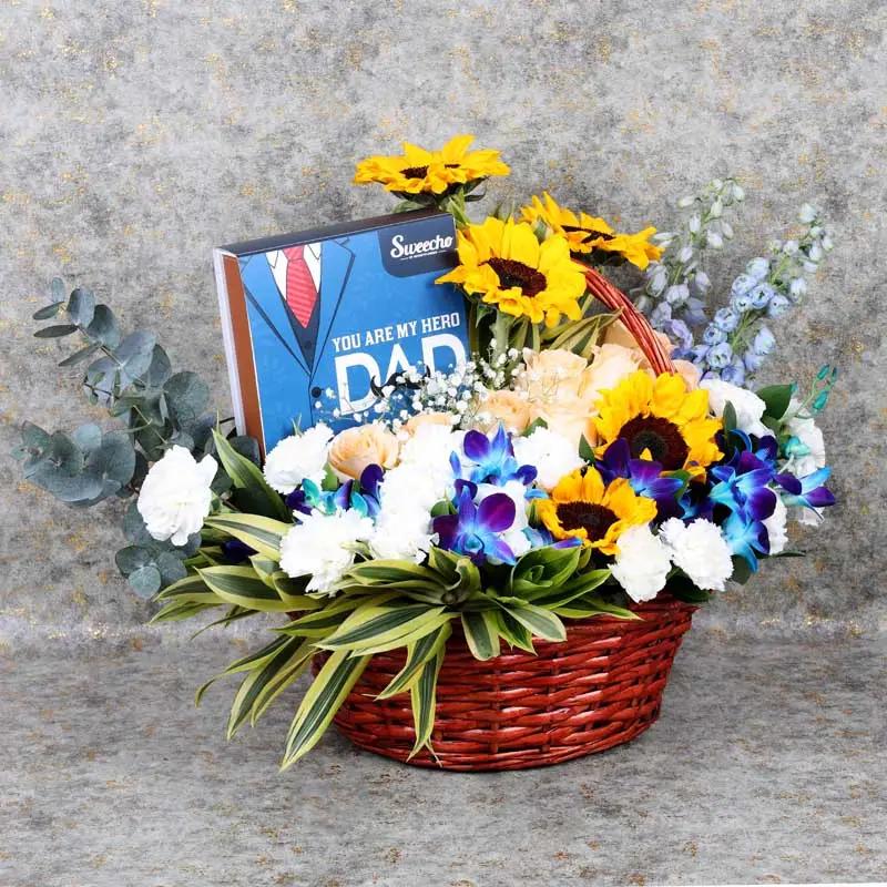 May Hero Flowers Basket and Chocolates