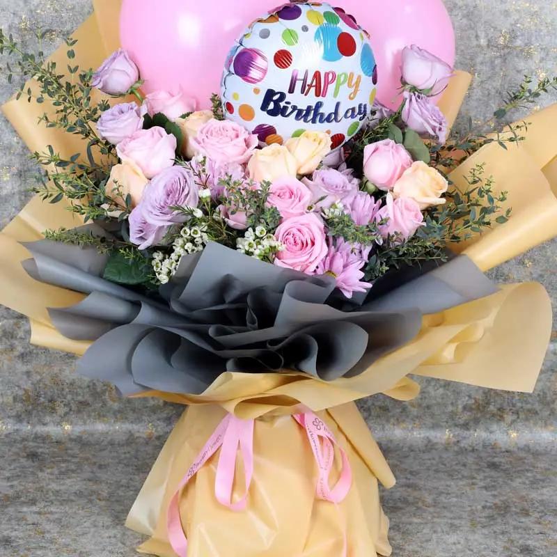 Pastel Flowers and Birthday Balloons Bouquet