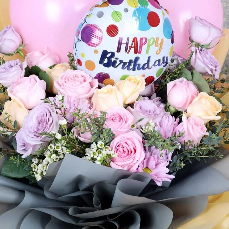 Pastel Flowers and Birthday Balloons Bouquet