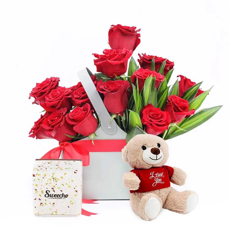 Present 15 Red Roses Box Trio