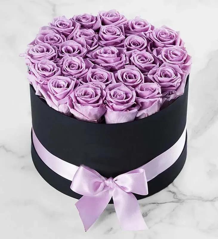 Purple Roses in Black Round Box