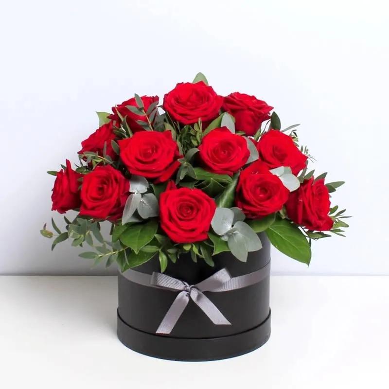 Red Roses Arrangement in Black Round Box