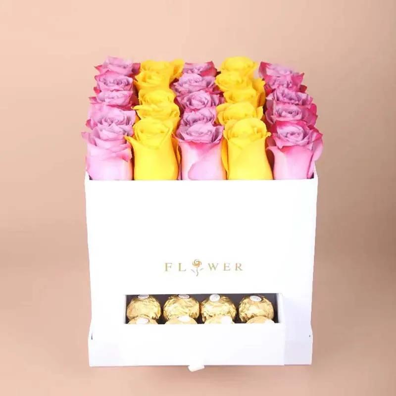 Yellow N Purple Roses in White Square Box