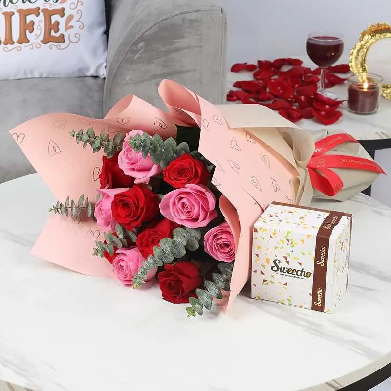 Cutie Pie 11 Roses Bouquet and Sweecho Chocolates 250gm